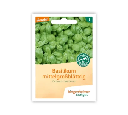 Bingenheimer Saatgut Tüte Basilikum mittelgroßblättrig Vorderseite