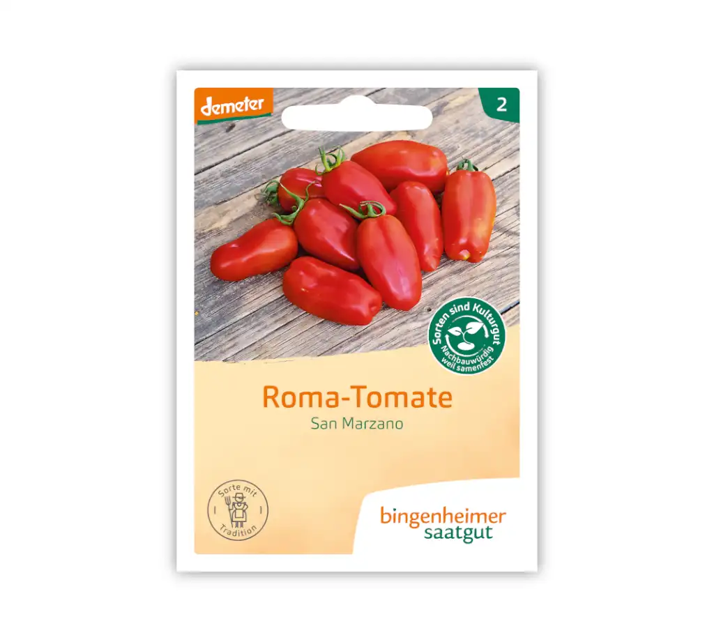 Bingenheimer Saatgut Tüte Roma-Tomate San Marzano Vorderseite