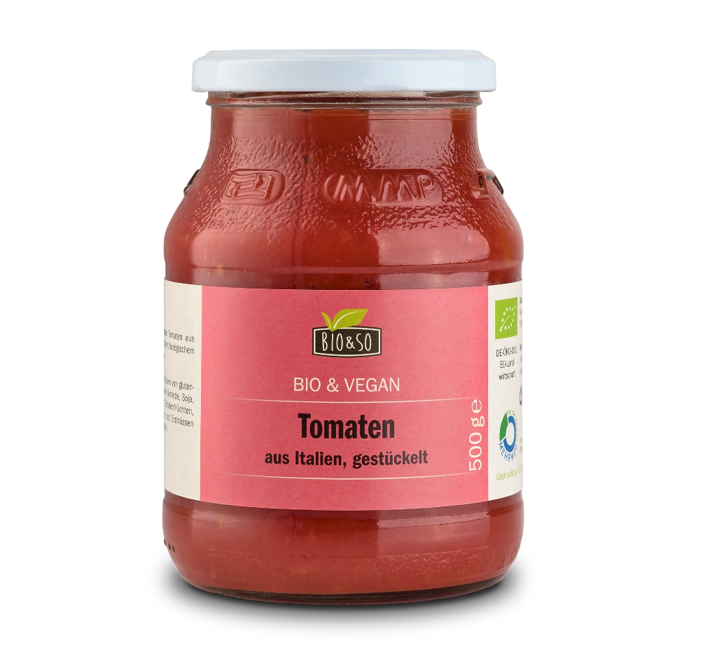 Bio stückige Tomaten aus Italien im Pfandglas, 500g von Bio& So