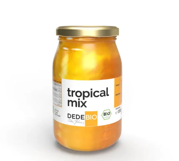 Bio Tropical Mix mit Ananas, Mango und Papaya im Glas in Saft von DEDEBIO