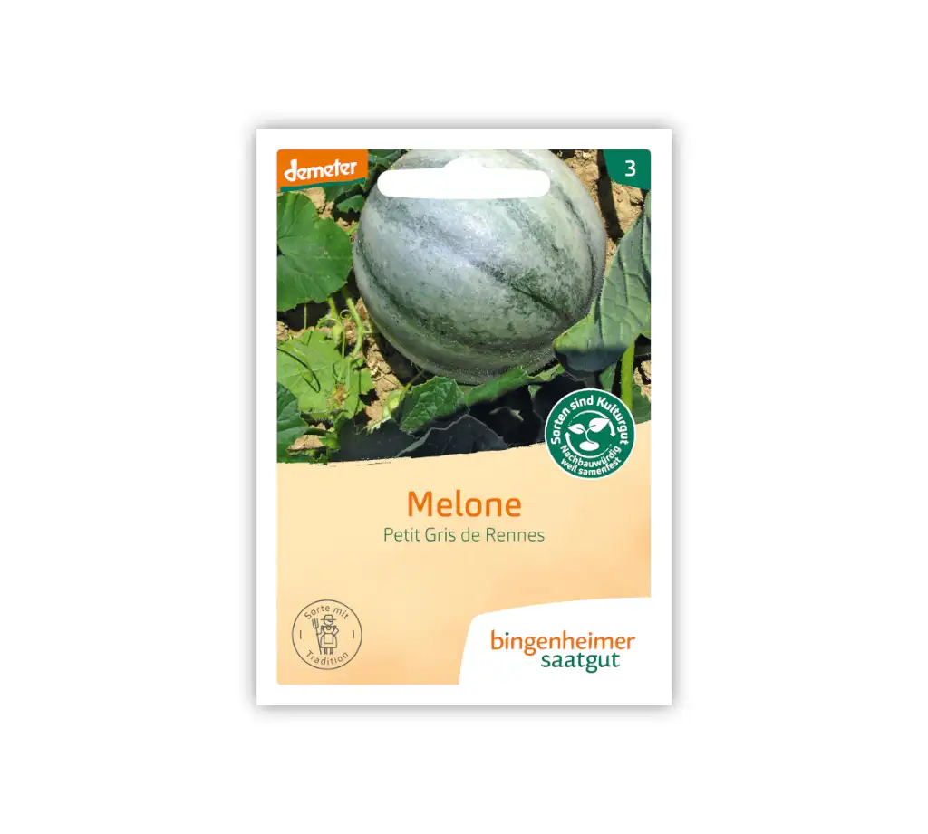 Bingenheimer Saatgut Tüte Melone Petit Gris de Rennes (Zuckermelone) Vorderseite