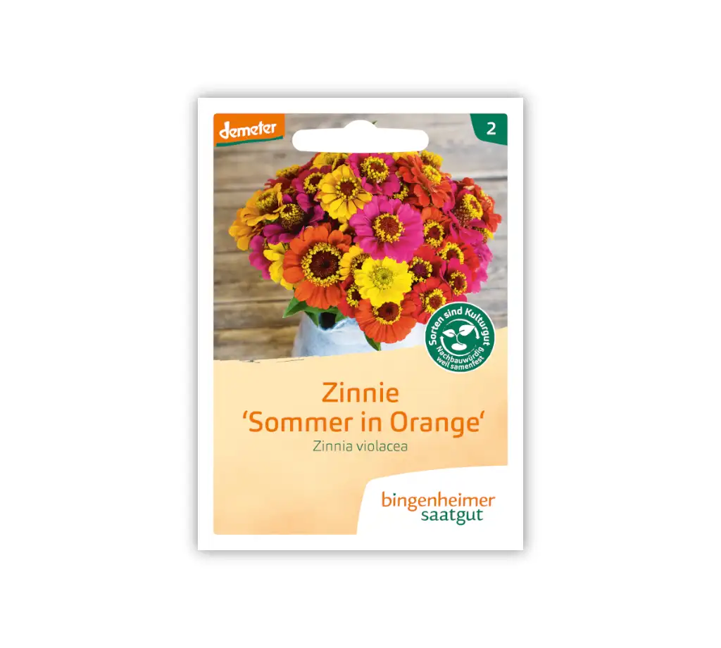 Bingenheimer Saatgut Tüte Zinnie "Sommer in Orange" Vorderseite