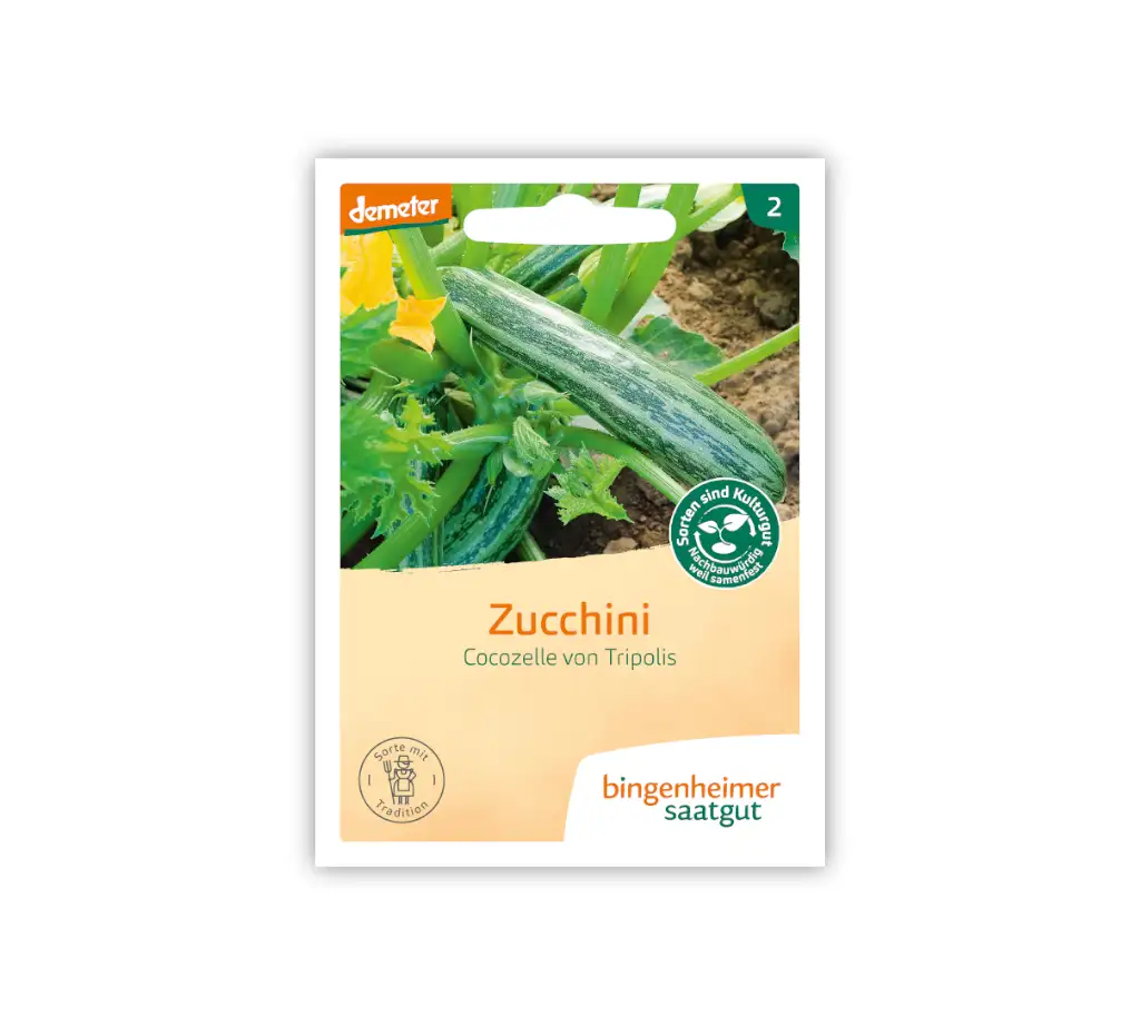 Bingenheimer Saatgut Tüte Zucchini Cocozelle von Tripolis Vorderseite