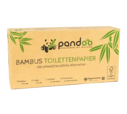 Bambus Toilettenpapier von pandoo. 8 Rollen á 200 Blatt. 3-lagiges Bambuspapier. Verpackung Vorderansicht