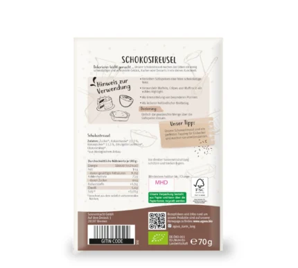 Bio Schokostreusel im Papierbeutel, 70g Rückseite