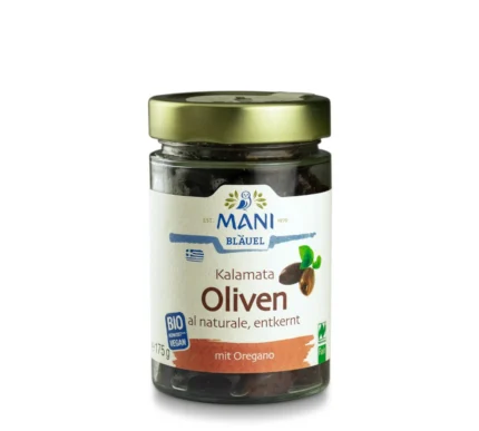 Bio Kalamata Oliven al Naturale, entkernt von MANI im 175g-Glas. Naturland Fair zertifiziert!