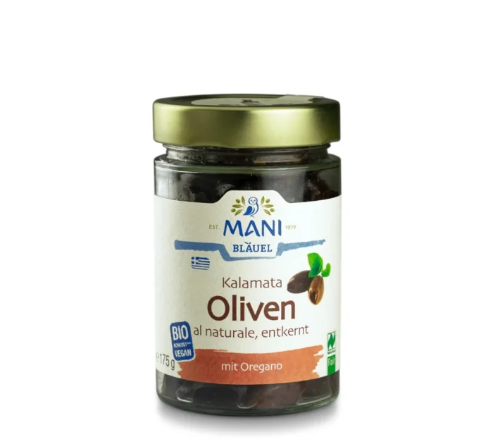 Bio Kalamata Oliven al Naturale, entkernt von MANI im 175g-Glas. Naturland Fair zertifiziert!
