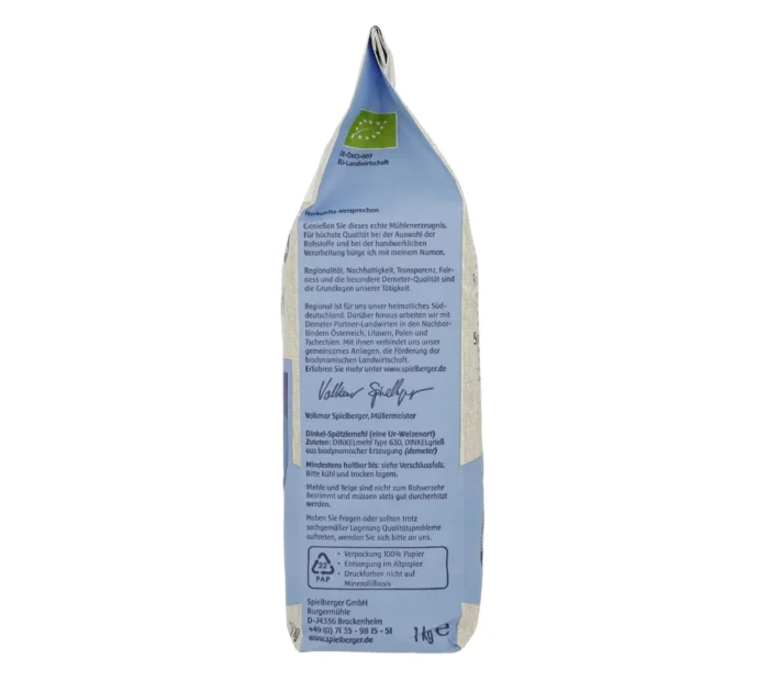 Bio Dinkel-Spätzlemehl in der 1kg-Papierpackung. Demeter-Zertifiziert von Spielberger. Rechte Seite