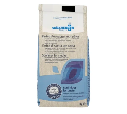 Bio Dinkel-Spätzlemehl in der 1kg-Papierpackung. Demeter-Zertifiziert von Spielberger. Rückseite