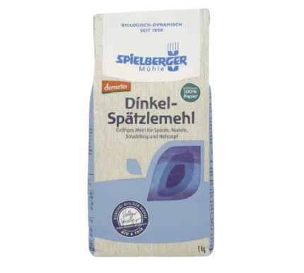 Bio Dinkel-Spätzlemehl in der 1kg-Papierpackung. Demeter-Zertifiziert von Spielberger. Vorderansicht