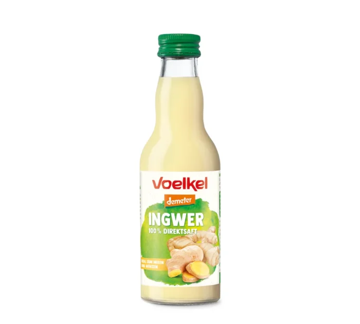 Bio-Ingwersaft von Voelkel in der 200ml Mehrweg-Pfandflasche. Demeter-zertifiziert