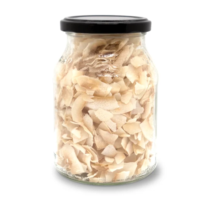 Bio Kokoschips geröstet und ungesüßt im Pfandglas
