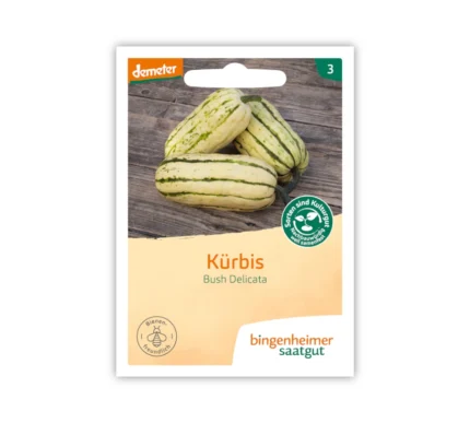 Bingenheimer Saatgut Tüte Kürbis Bush Delicata Vorderseite