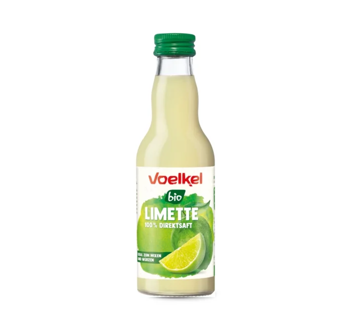 Bio-Limettensaft von Voelkel in der 200ml Mehrweg-Pfandflasche. Bio-zertifiziert