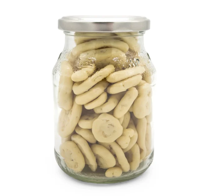 Bio Bananenchips in weißer Schokolade im 300g Pfandglas