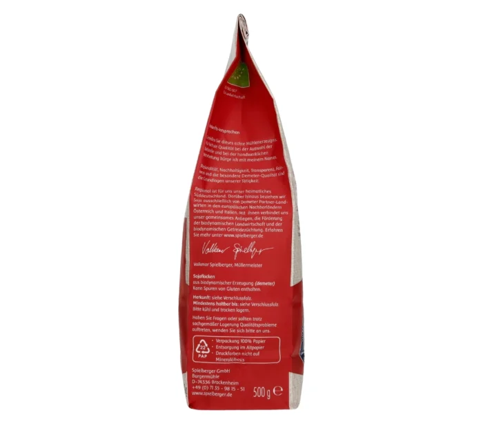 Bio Sojaflocken in der 500g-Papierpackung. Demeter-Zertifiziert von Spielberger. Seitenansicht 2