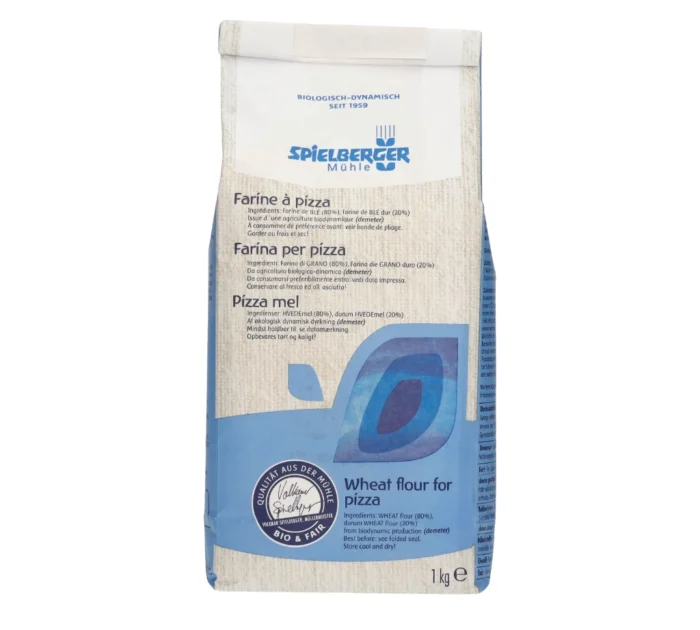 Bio Pizzamehl Tipo 0 in der 1kg-Papierpackung. Demeter-Zertifiziert von Spielberger. Rückansicht