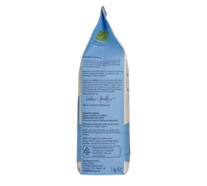 Bio Pizzamehl Tipo 0 in der 1kg-Papierpackung. Demeter-Zertifiziert von Spielberger. Seitenansicht 1