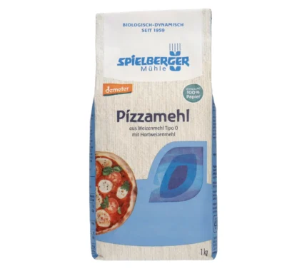 Bio Pizzamehl Tipo 0 in der 1kg-Papierpackung. Demeter-Zertifiziert von Spielberger. Vorderansicht