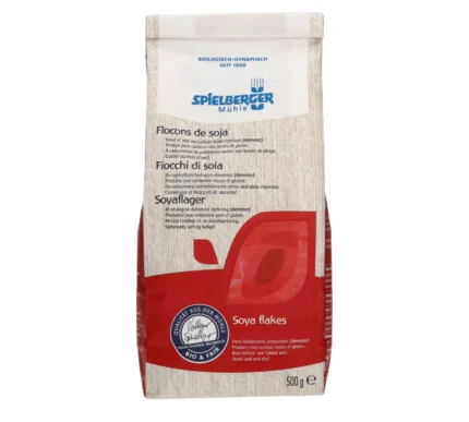 Bio Sojaflocken in der 500g-Papierpackung. Demeter-Zertifiziert von Spielberger. Rückseite
