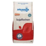 Bio Sojaflocken in der 500g-Papierpackung. Demeter-Zertifiziert von Spielberger. Vorderansicht