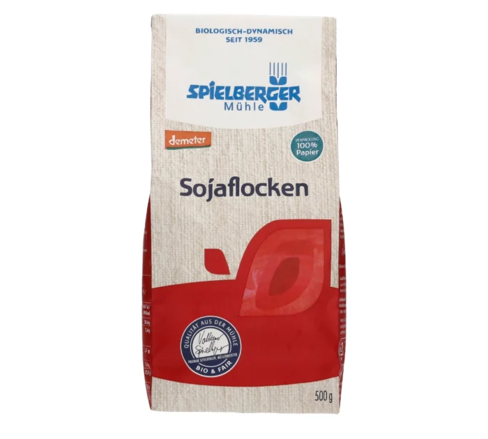 Bio Sojaflocken in der 500g-Papierpackung. Demeter-Zertifiziert von Spielberger. Vorderansicht