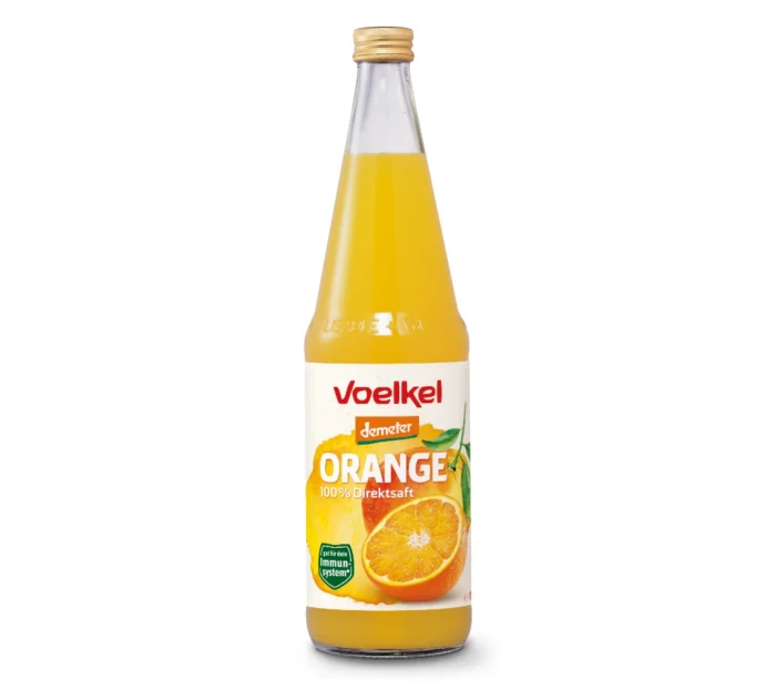 Bio Orangensaft aus sonnengereiften Demeter-Orangen in der 700ml Flasche von Voelkel