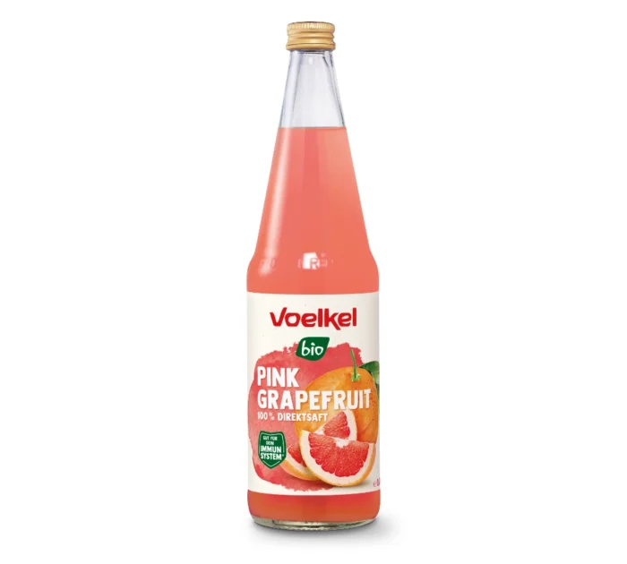Bio Pink Grapefruit Saft von Voelkel in der 700ml Mehrweg-Pfandflasche. Demeter-zertifiziert