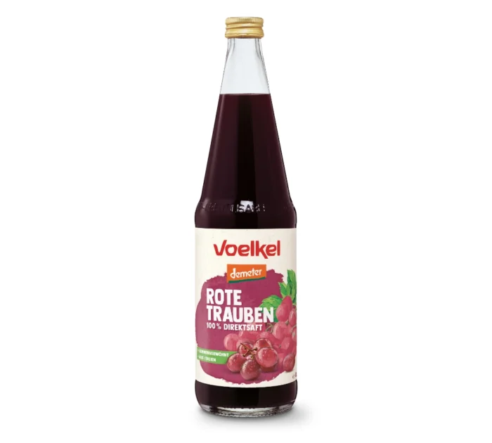 Bio-Rote Trauben-Saft von Voelkel in der 700ml Mehrweg-Pfandflasche. Demeter-zertifiziert