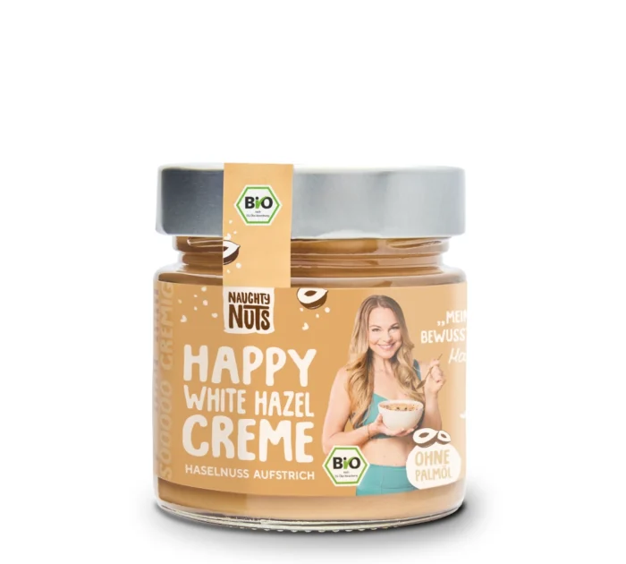 Bio Haselnuss-Creme "Happy White Hazel Creme" von Naughty Nuts im 250g-Glas