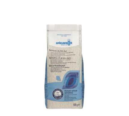 Bio Hartweizengrieß 500g-Papierpackung. Demeter-Zertifiziert von Spielberger. Rückseite