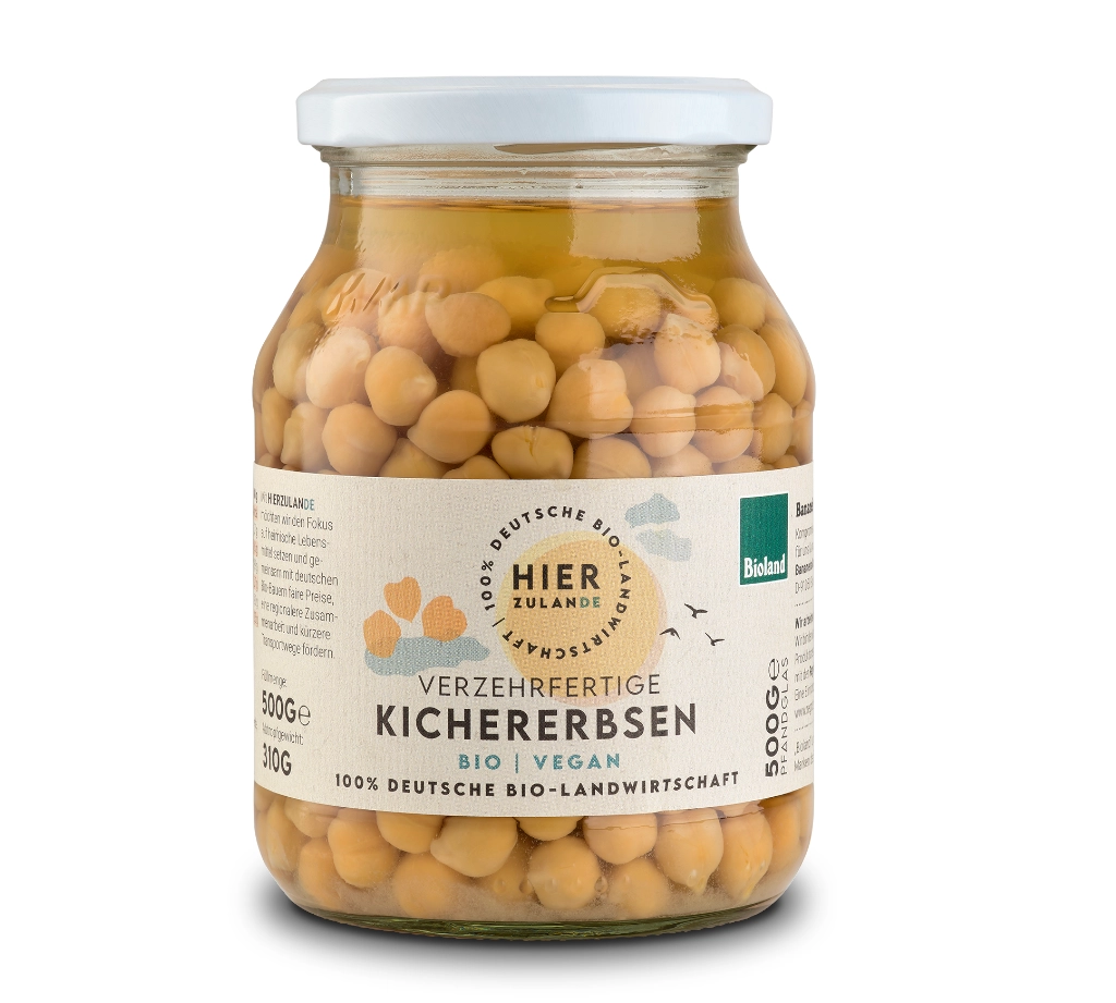 produktbild-hierzulande-kichererbsen BIOLAND Kichererbsen im Pfandglas eingelegt von Hierzulande. 500g - Abtropfgewicht 320g