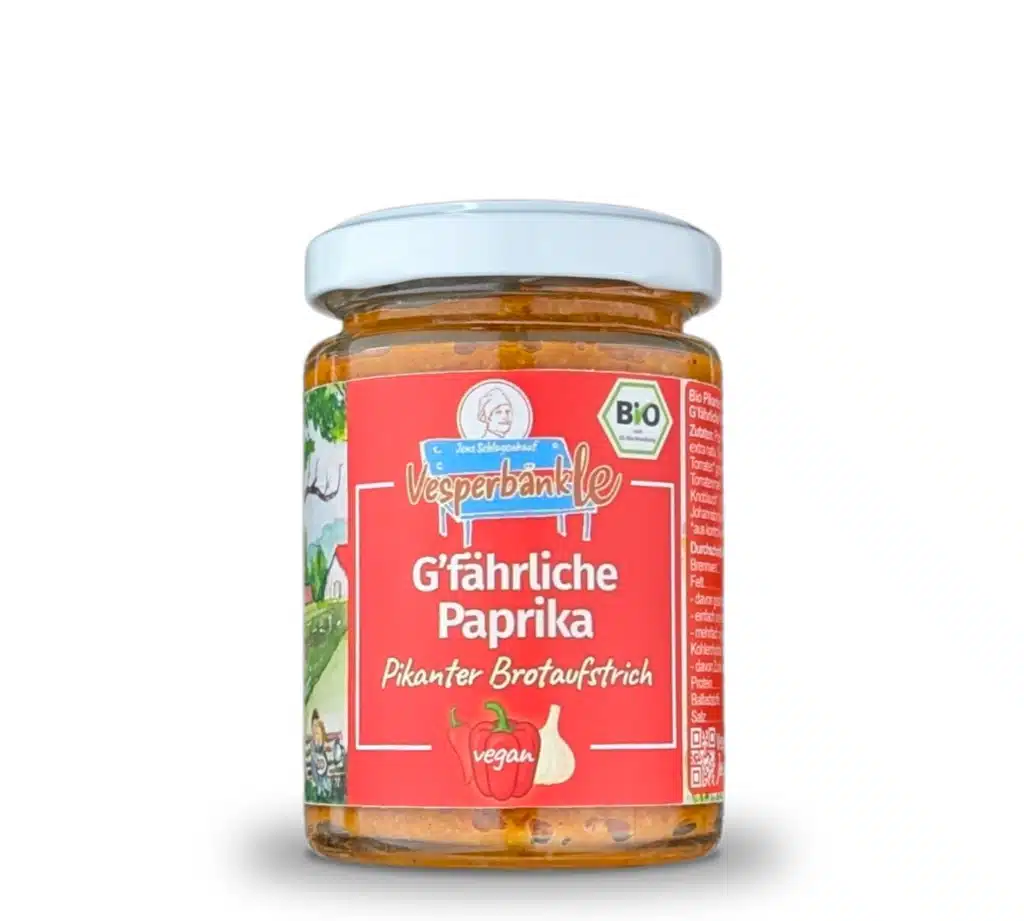 produktbild-vesperbaenkle-gfaehrliche-paprika Bio Aufstrich "g'fährliche Paprika" im 135g-Glas von Vesperbänkle
