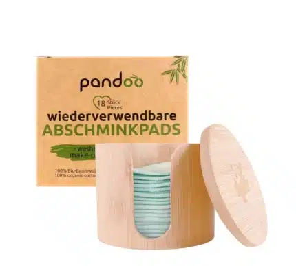 Panda Abschminkpads in Bambusdose - 18 Stk - Frontansciht Verpackung mit offener Bambusdose