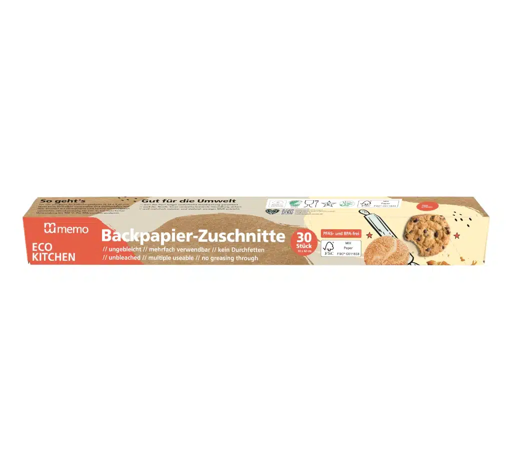 backpapier-zuschnitte-produktbild-memo-frontal memo ungebleichtes Backpapier als Zuschnitt mit 30 Blatt. Silikonbeschichtet ohne PFAS und PAS - Vorderseite