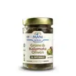 Bio Grüne und Kalamata-Oliven al Naturale & entkernt von MANI im 175g-Glas