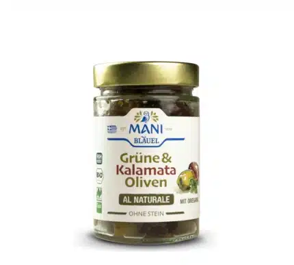 Bio Grüne und Kalamata-Oliven al Naturale & entkernt von MANI im 175g-Glas