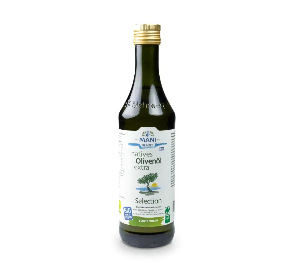 olivenöl-nativ-pfand-produktbild-MANI Bio natives Olivenöl in der 500ml-Pfandflasche von MANI - Naturland Zertifiziert.